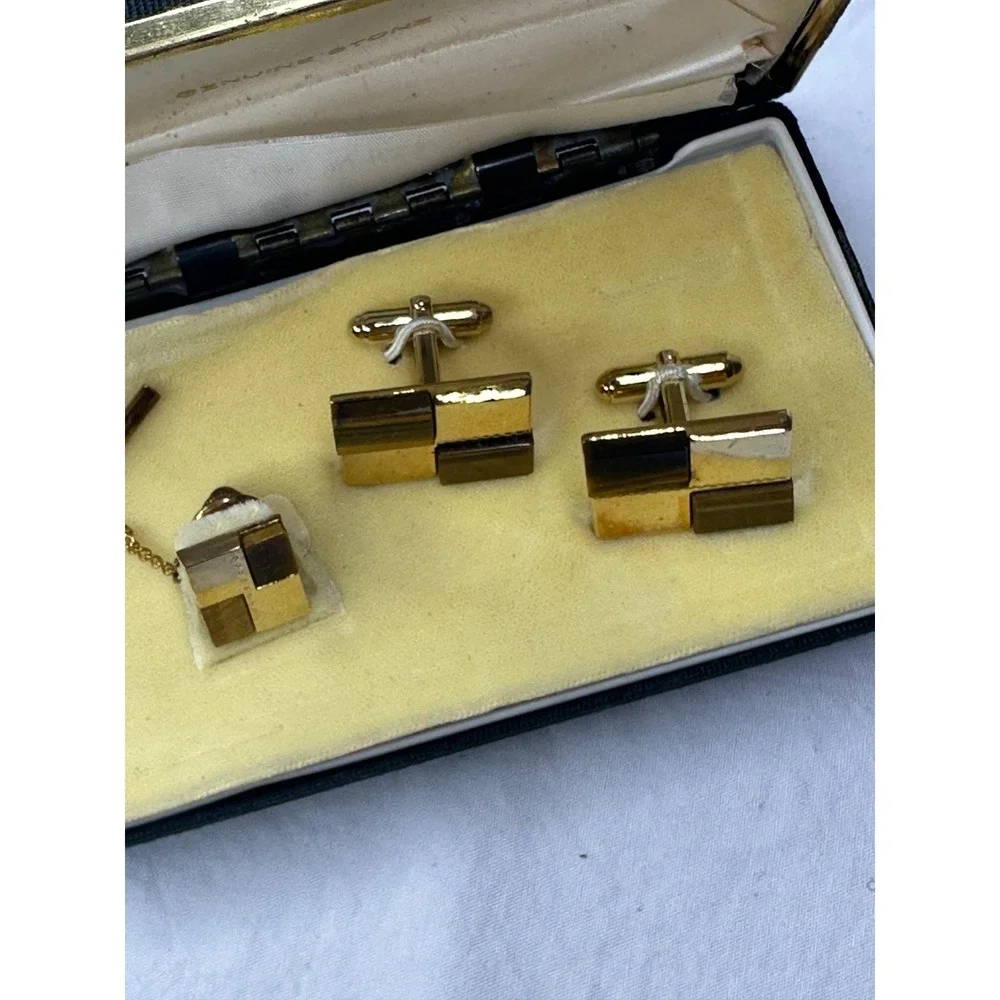 Anson Cufflinks Tie Tack Set Tigers Eye Gold Tone Brown Rectangle Boxed VTG